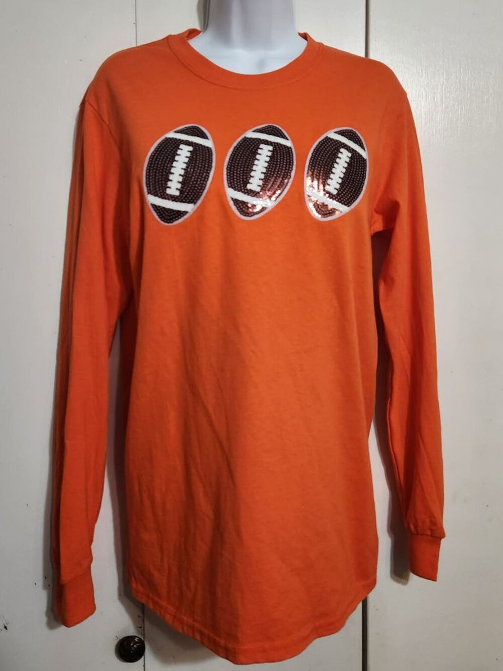 Gildan Roots Boutique Football Sequin Shirt Womens Small S Long Sleeve Orange